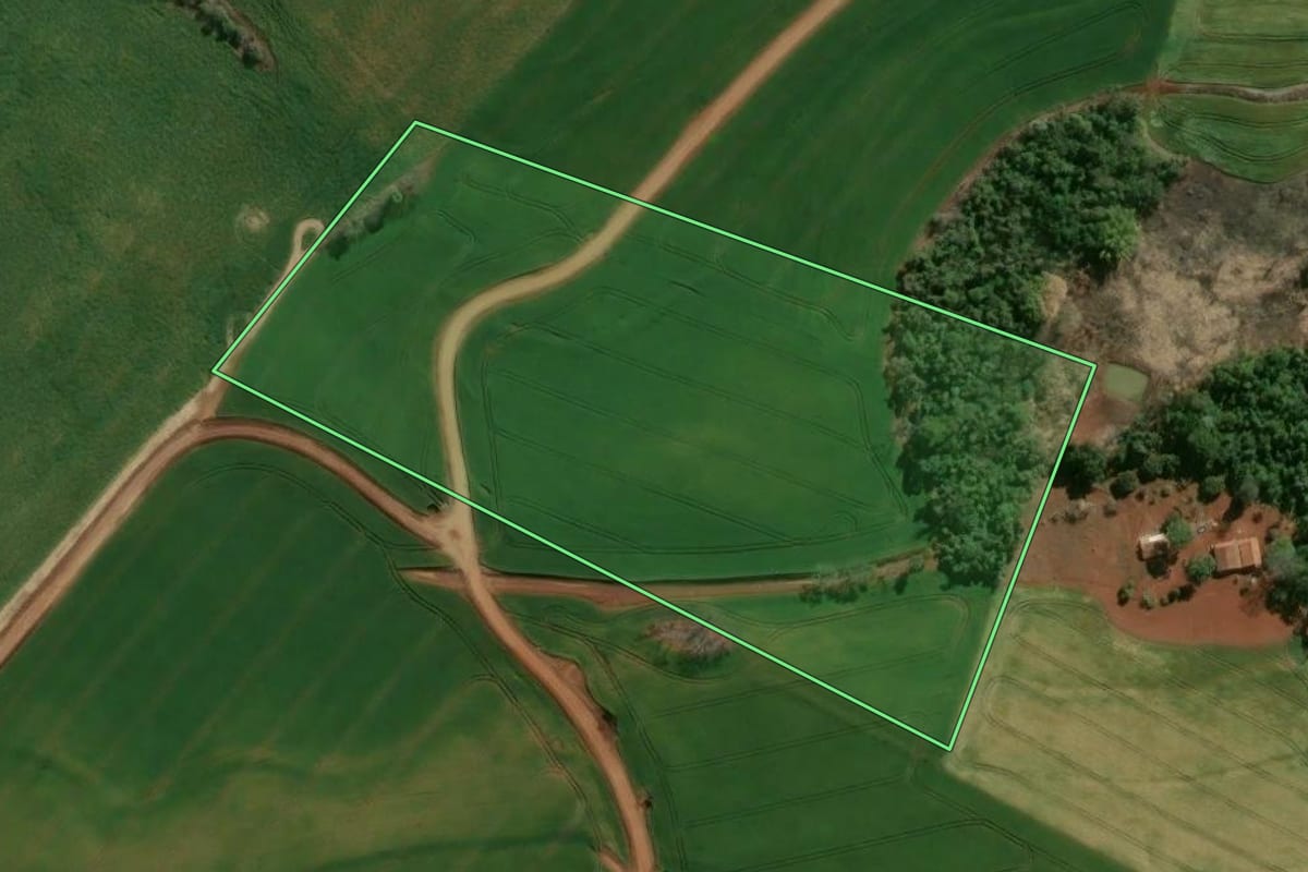 Imagem de satélite do imóvel rural em Nova Santa Bárbara (PR), com o contorno declarado no CAR desenhado por cima.