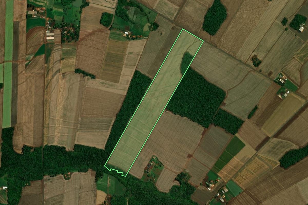 Imagem de satélite do imóvel rural em Nova Santa Rosa (PR), com o contorno declarado no CAR desenhado por cima.