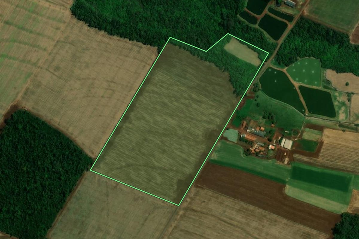 Imagem de satélite do imóvel rural em Nova Santa Rosa (PR), com o contorno declarado no CAR desenhado por cima.