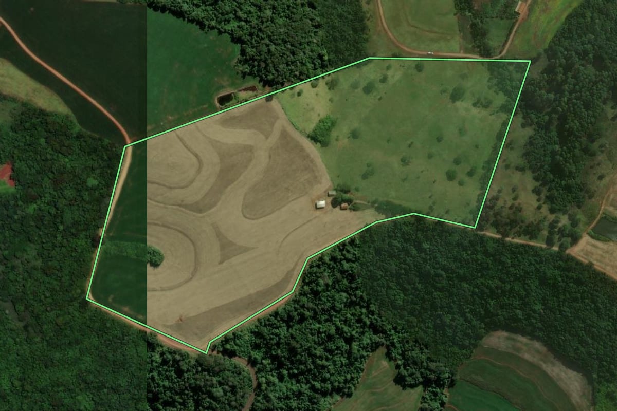 Imagem de satélite do imóvel rural em Nova Prata do Iguaçu (PR), com o contorno declarado no CAR desenhado por cima.