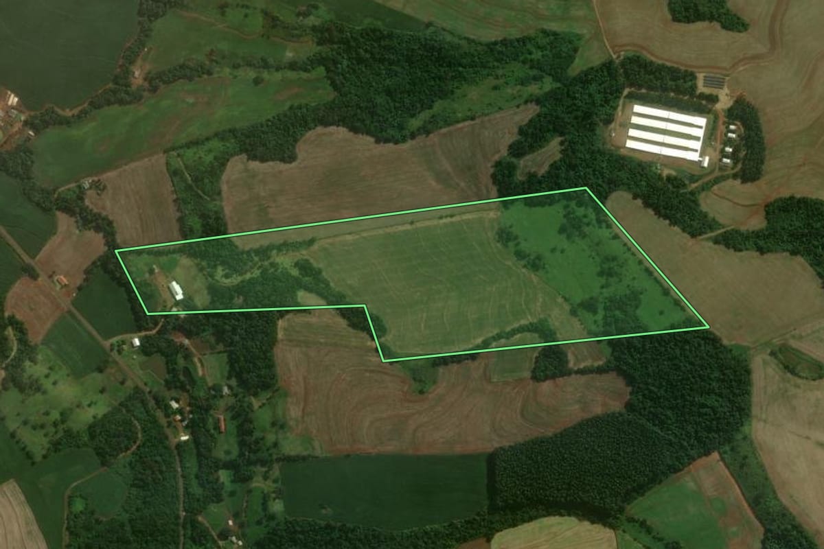 Imagem de satélite do imóvel rural em Nova Prata do Iguaçu (PR), com o contorno declarado no CAR desenhado por cima.