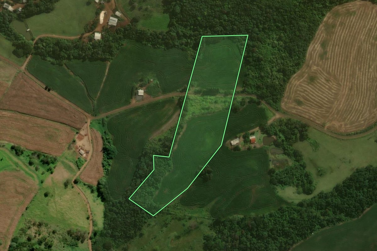 Imagem de satélite do imóvel rural em Nova Prata do Iguaçu (PR), com o contorno declarado no CAR desenhado por cima.