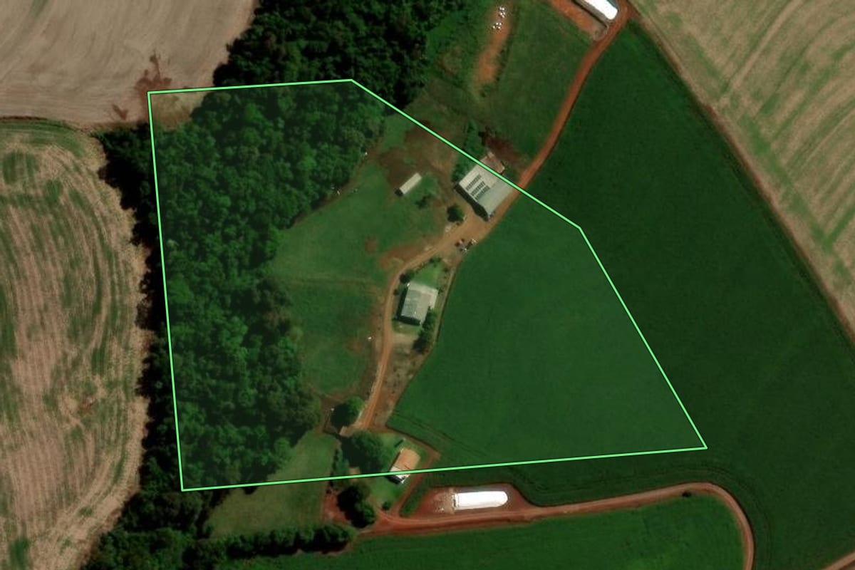 Imagem de satélite do imóvel rural em Nova Prata do Iguaçu (PR), com o contorno declarado no CAR desenhado por cima.