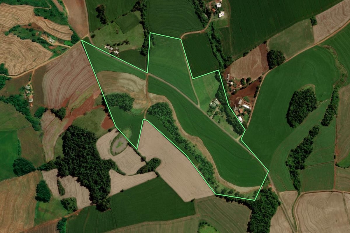 Imagem de satélite do imóvel rural em Nova Prata do Iguaçu (PR), com o contorno declarado no CAR desenhado por cima.