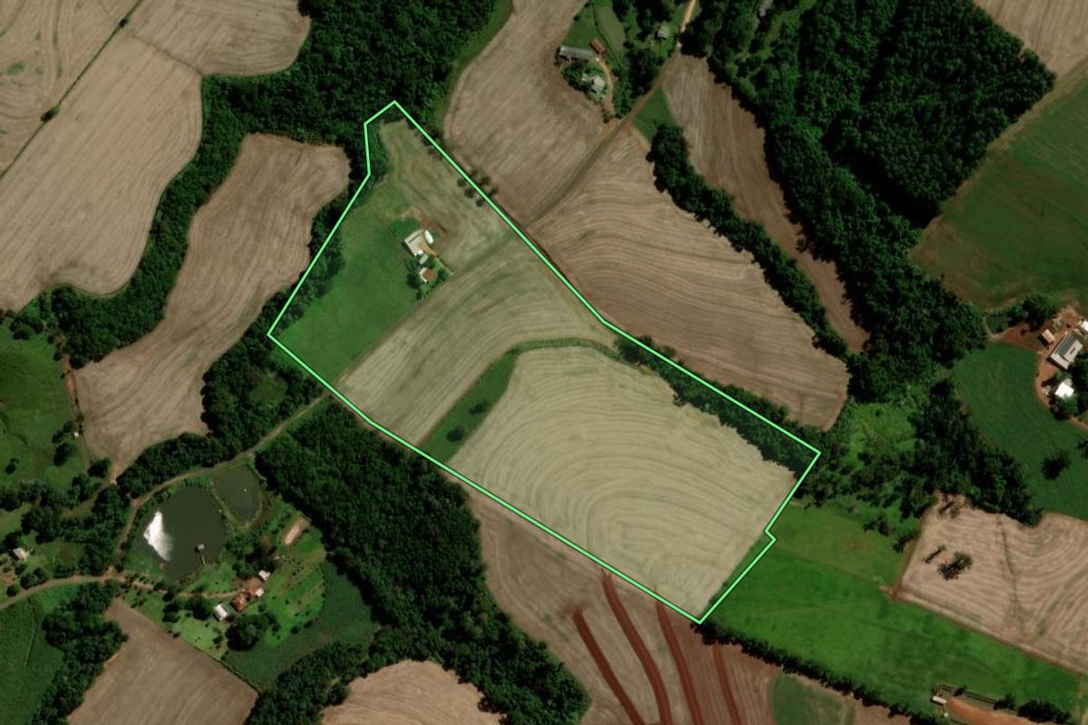 Imagem de satélite do imóvel rural em Nova Prata do Iguaçu (PR), com o contorno declarado no CAR desenhado por cima.