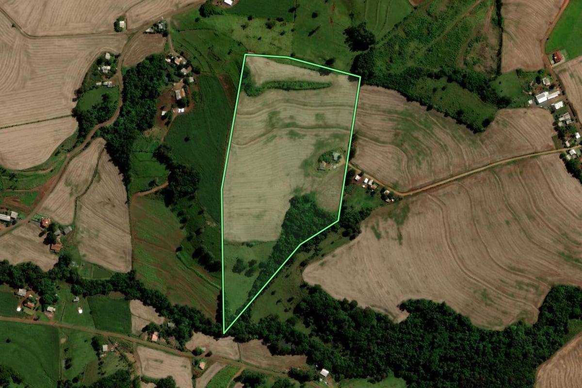Imagem de satélite do imóvel rural em Nova Prata do Iguaçu (PR), com o contorno declarado no CAR desenhado por cima.