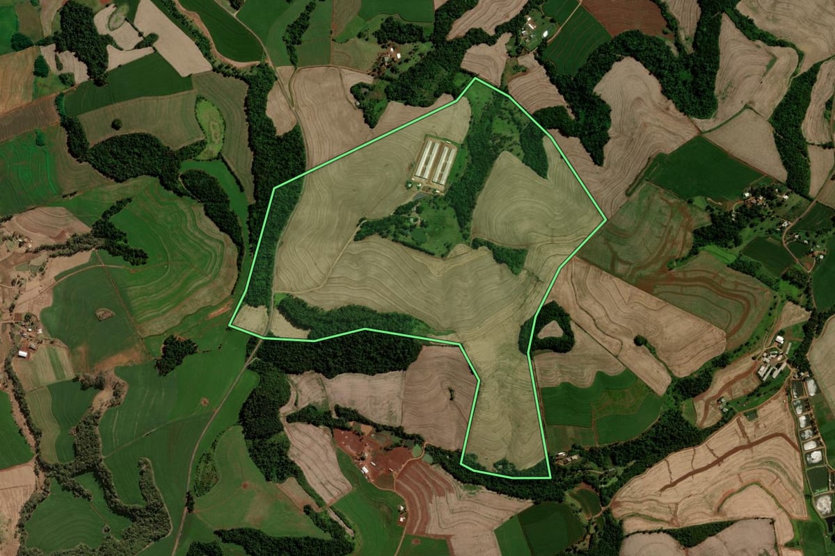 Imagem de satélite do imóvel rural em Nova Prata do Iguaçu (PR), com o contorno declarado no CAR desenhado por cima.