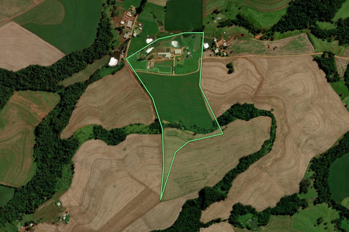Imagem de satélite do imóvel rural em Nova Prata do Iguaçu (PR), com o contorno declarado no CAR desenhado por cima.