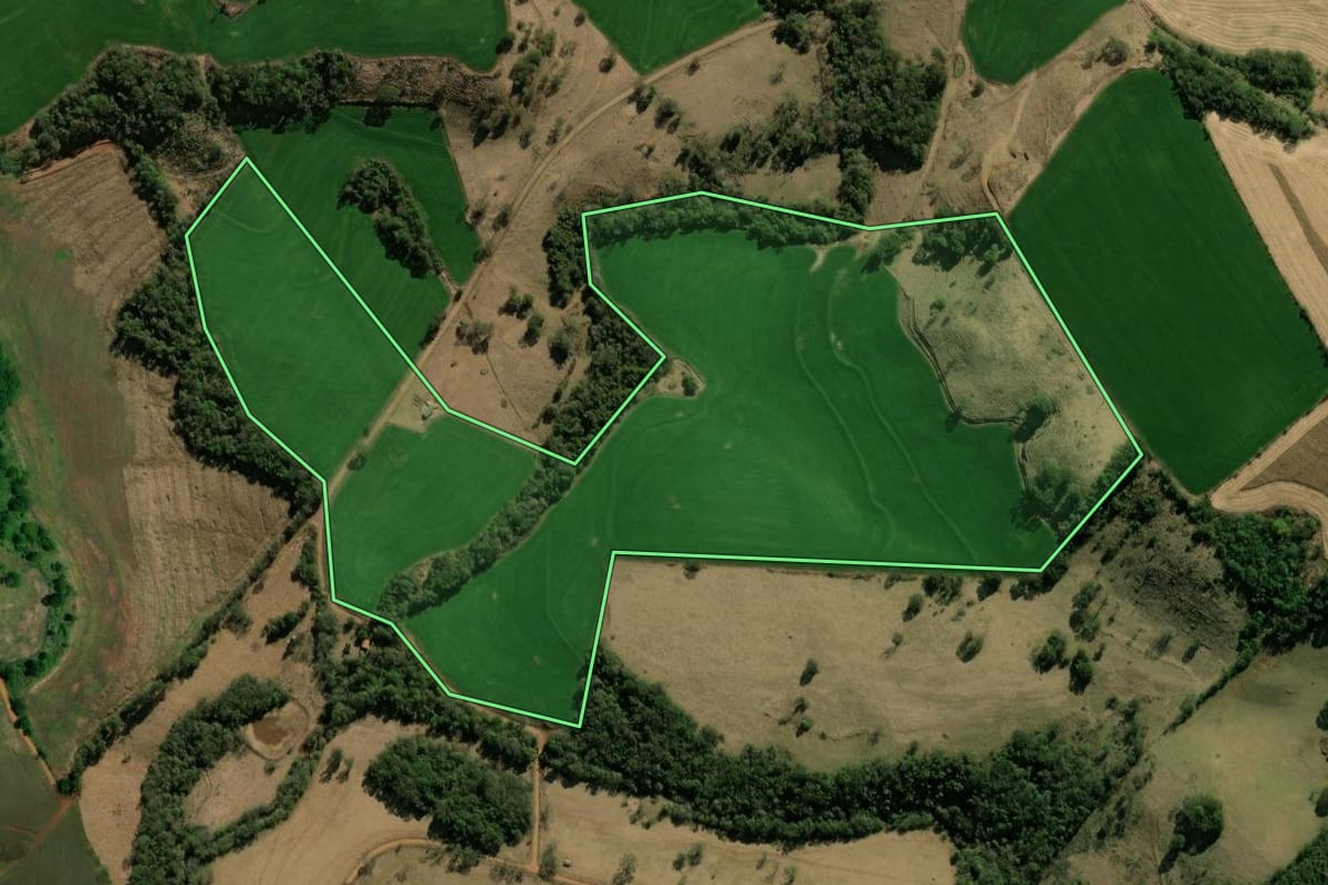 Imagem de satélite do imóvel rural em Nova Prata do Iguaçu (PR), com o contorno declarado no CAR desenhado por cima.