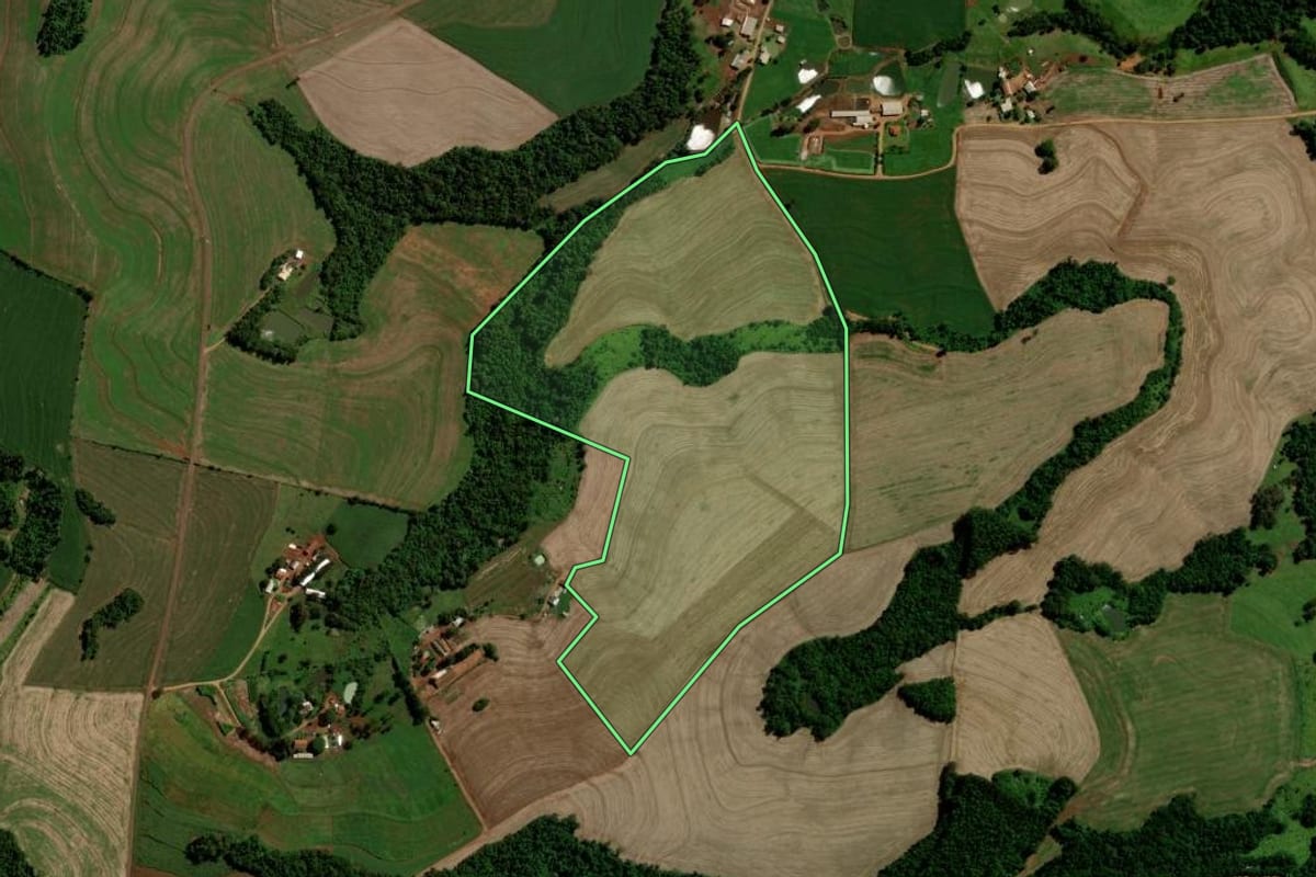 Imagem de satélite do imóvel rural em Nova Prata do Iguaçu (PR), com o contorno declarado no CAR desenhado por cima.