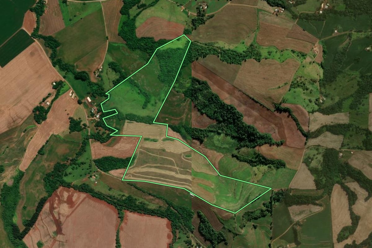 Imagem de satélite do imóvel rural em Nova Prata do Iguaçu (PR), com o contorno declarado no CAR desenhado por cima.