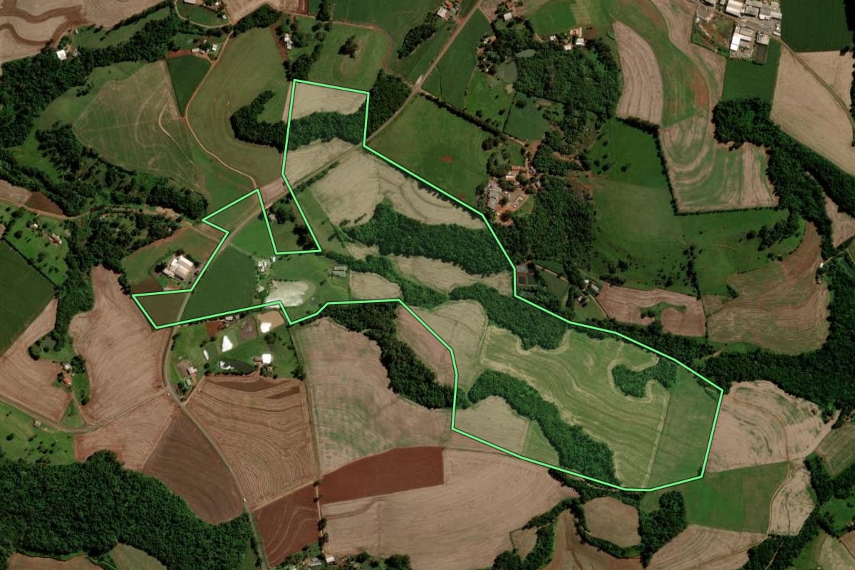 Imagem de satélite do imóvel rural em Nova Prata do Iguaçu (PR), com o contorno declarado no CAR desenhado por cima.
