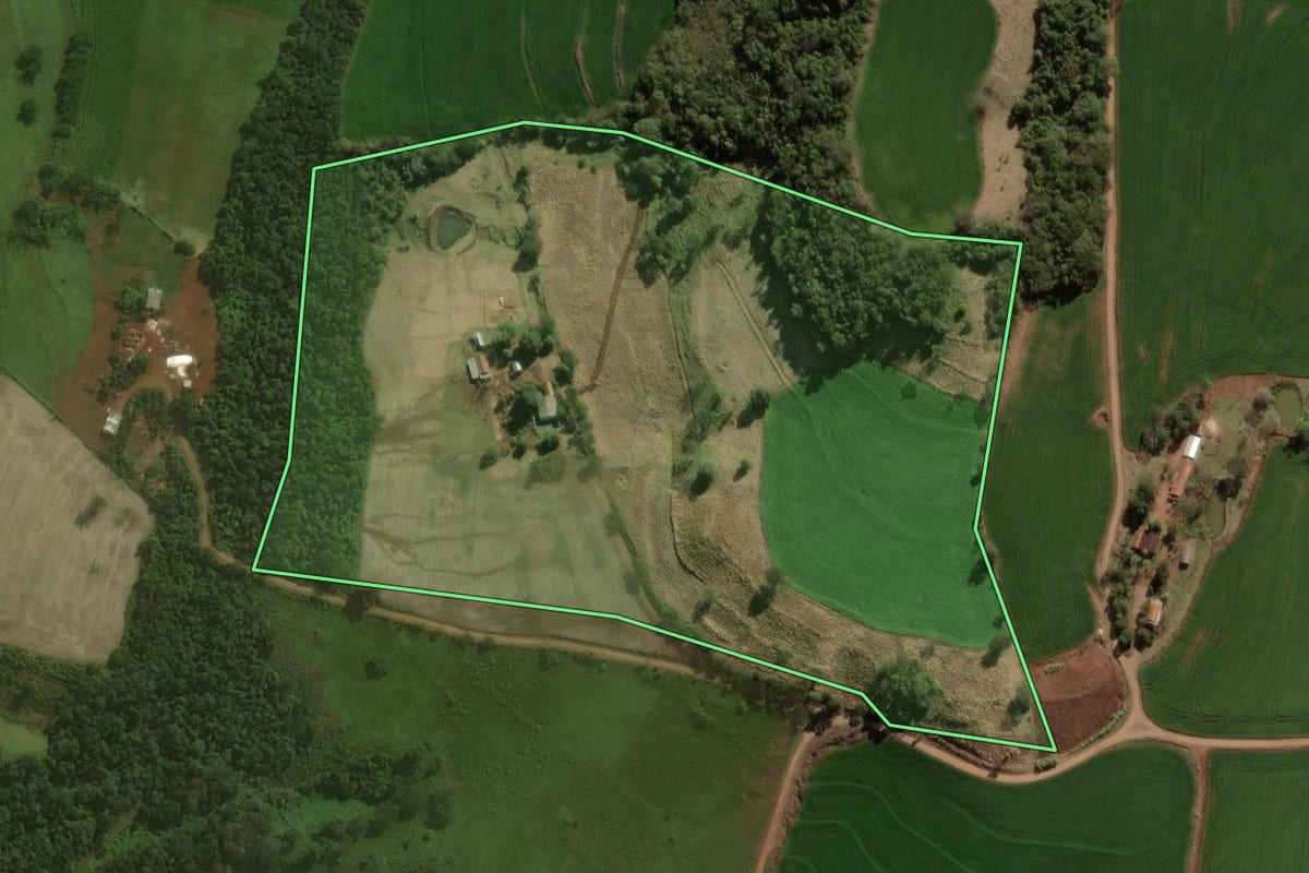 Imagem de satélite do imóvel rural em Nova Prata do Iguaçu (PR), com o contorno declarado no CAR desenhado por cima.