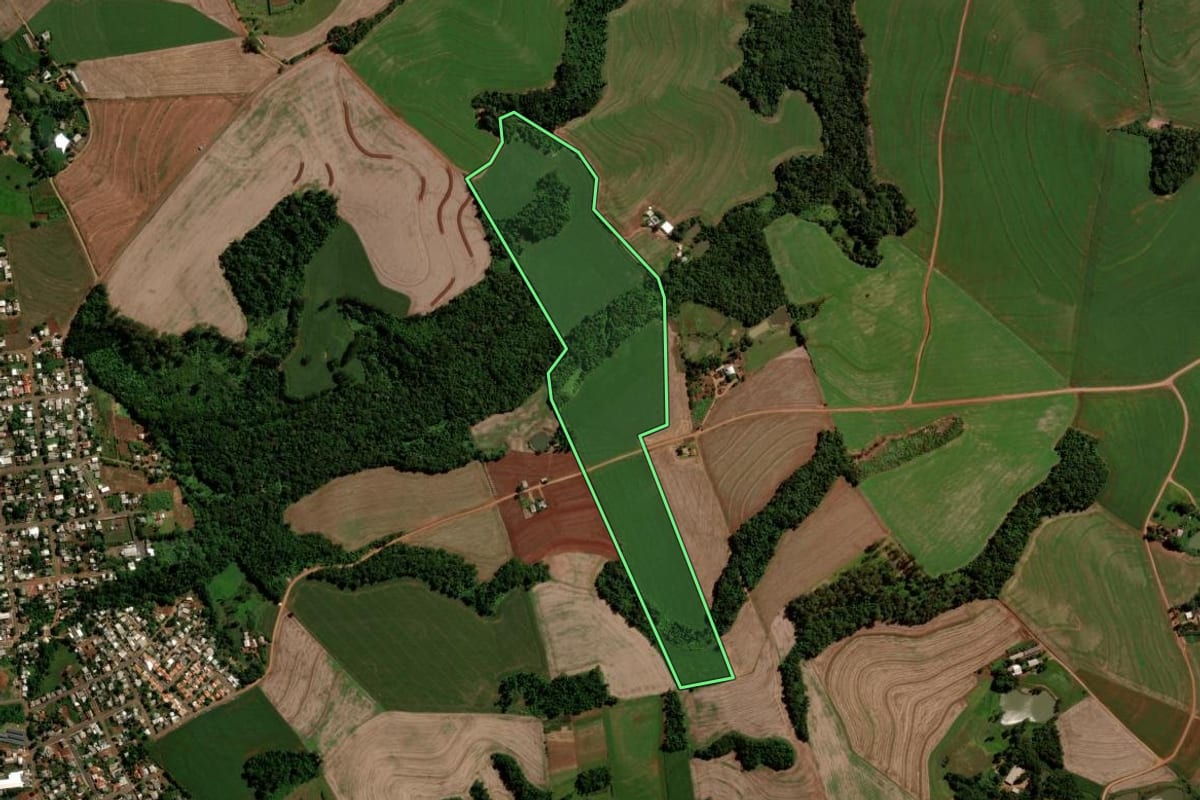 Imagem de satélite do imóvel rural em Nova Prata do Iguaçu (PR), com o contorno declarado no CAR desenhado por cima.