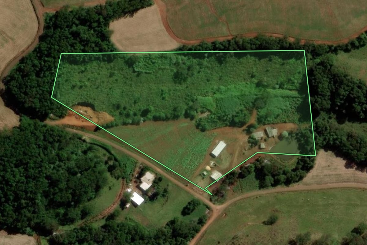 Imagem de satélite do imóvel rural em Nova Prata do Iguaçu (PR), com o contorno declarado no CAR desenhado por cima.