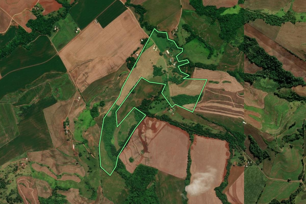 Imagem de satélite do imóvel rural em Nova Prata do Iguaçu (PR), com o contorno declarado no CAR desenhado por cima.