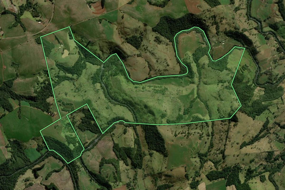 Imagem de satélite do imóvel rural em Nova Tebas (PR), com o contorno declarado no CAR desenhado por cima.