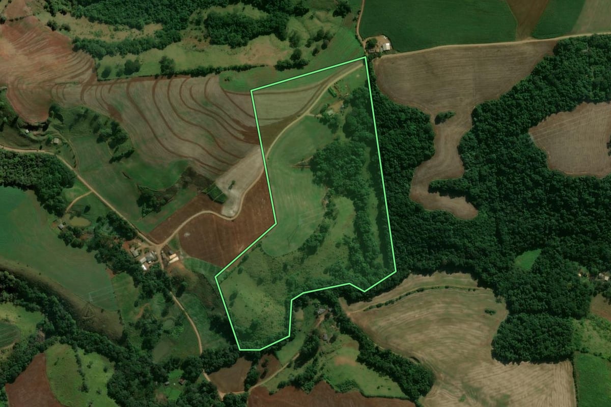 Imagem de satélite do imóvel rural em Nova Tebas (PR), com o contorno declarado no CAR desenhado por cima.