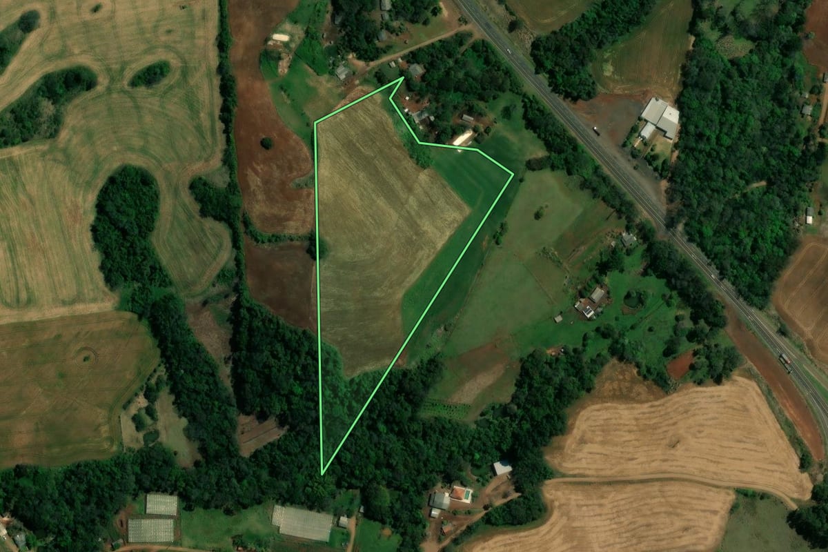 Imagem de satélite do imóvel rural em Nova Tebas (PR), com o contorno declarado no CAR desenhado por cima.