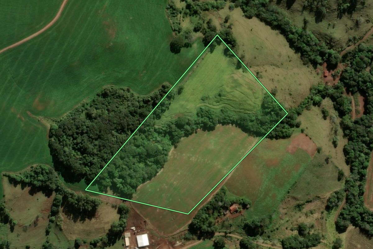 Imagem de satélite do imóvel rural em Nova Tebas (PR), com o contorno declarado no CAR desenhado por cima.