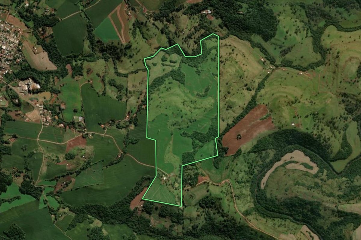 Imagem de satélite do imóvel rural em Nova Tebas (PR), com o contorno declarado no CAR desenhado por cima.