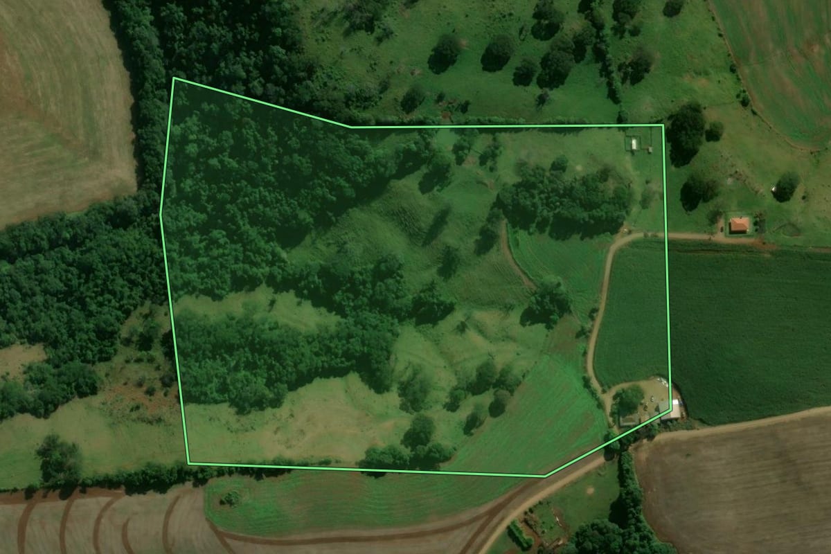 Imagem de satélite do imóvel rural em Nova Tebas (PR), com o contorno declarado no CAR desenhado por cima.