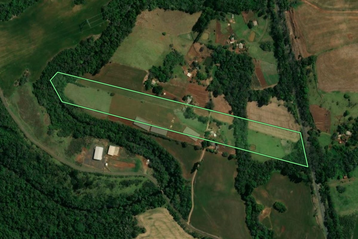 Imagem de satélite do imóvel rural em Nova Tebas (PR), com o contorno declarado no CAR desenhado por cima.