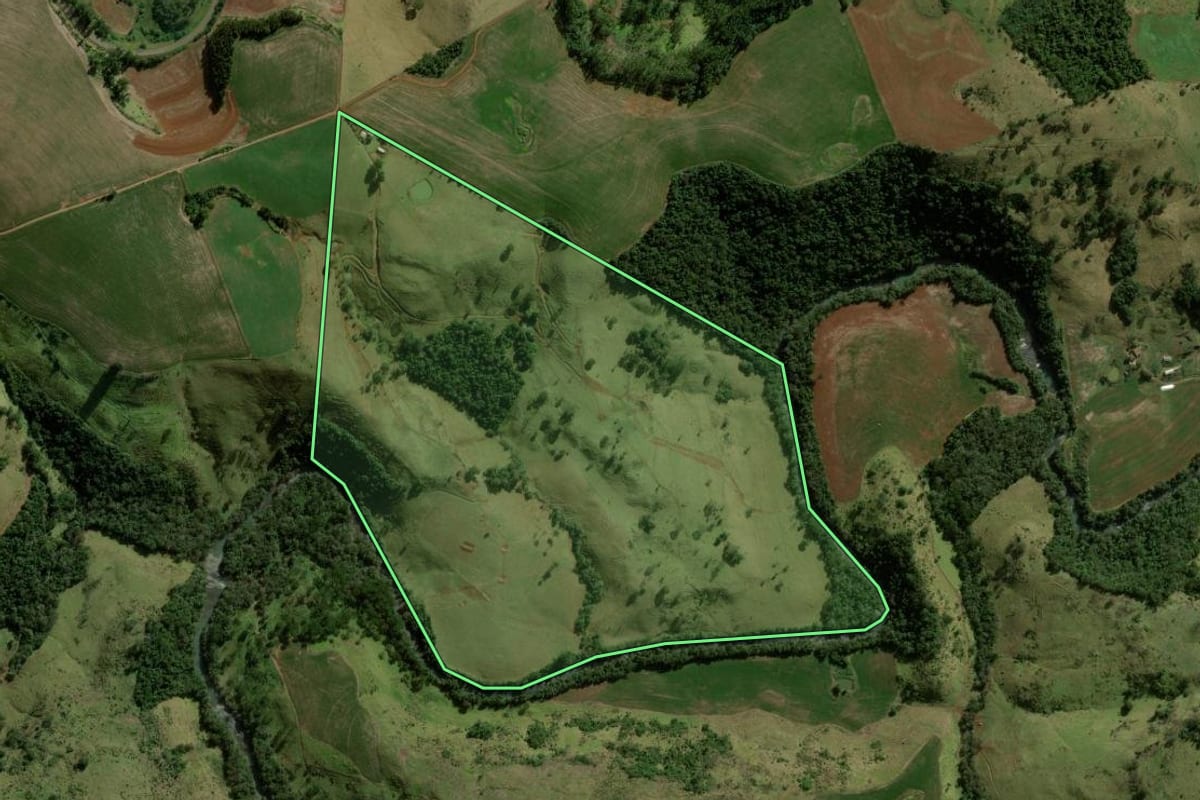 Imagem de satélite do imóvel rural em Nova Tebas (PR), com o contorno declarado no CAR desenhado por cima.