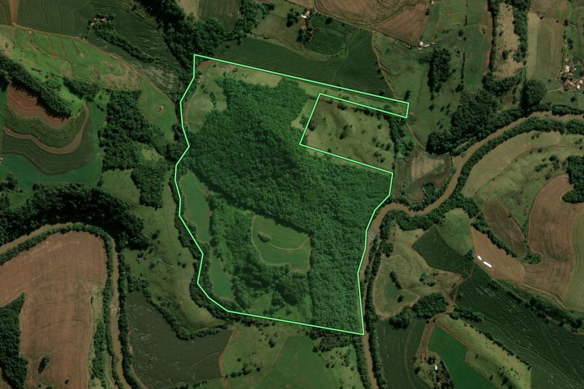 Imagem de satélite do imóvel rural em Novo Itacolomi (PR), com o contorno declarado no CAR desenhado por cima.