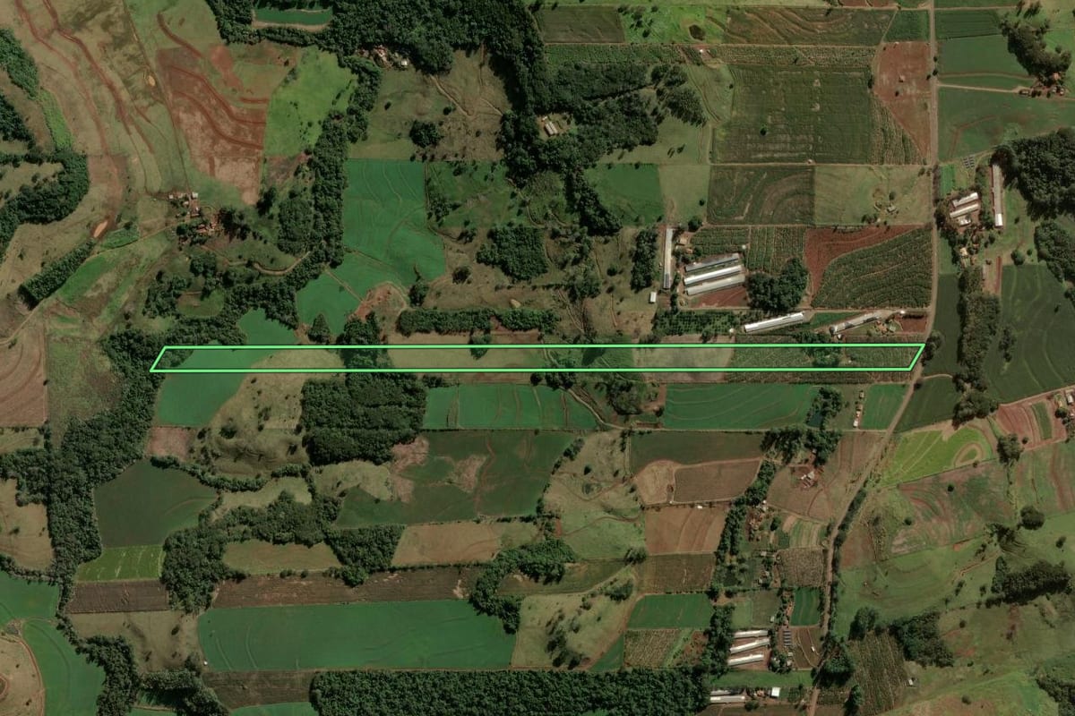 Imagem de satélite do imóvel rural em Novo Itacolomi (PR), com o contorno declarado no CAR desenhado por cima.