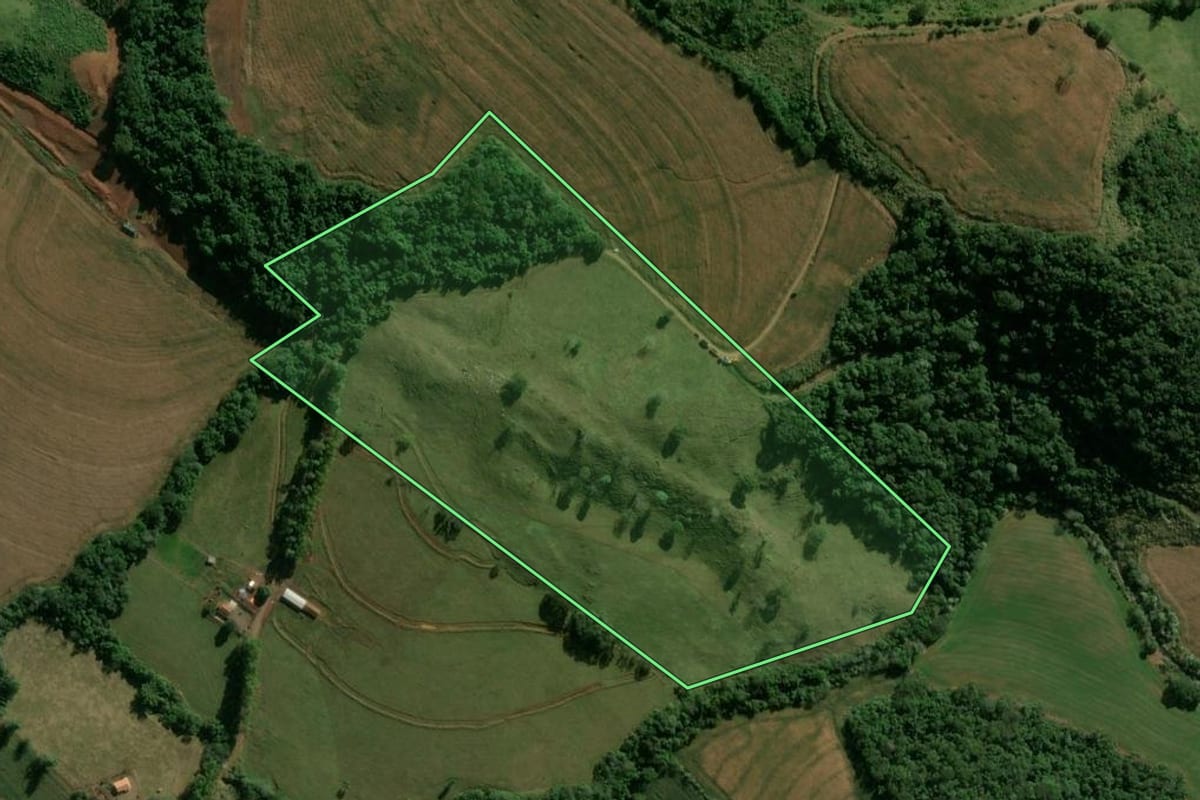 Imagem de satélite do imóvel rural em Novo Itacolomi (PR), com o contorno declarado no CAR desenhado por cima.