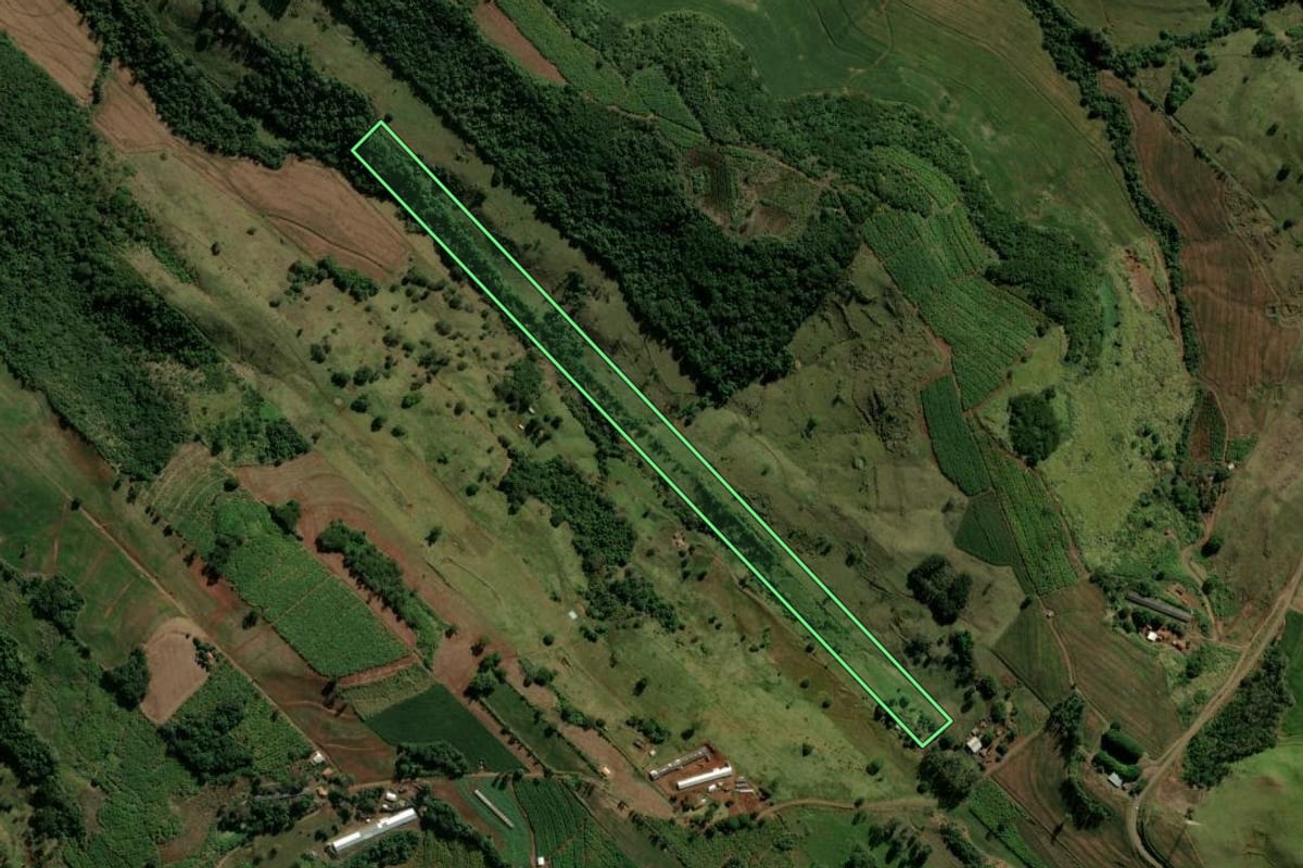Imagem de satélite do imóvel rural em Novo Itacolomi (PR), com o contorno declarado no CAR desenhado por cima.