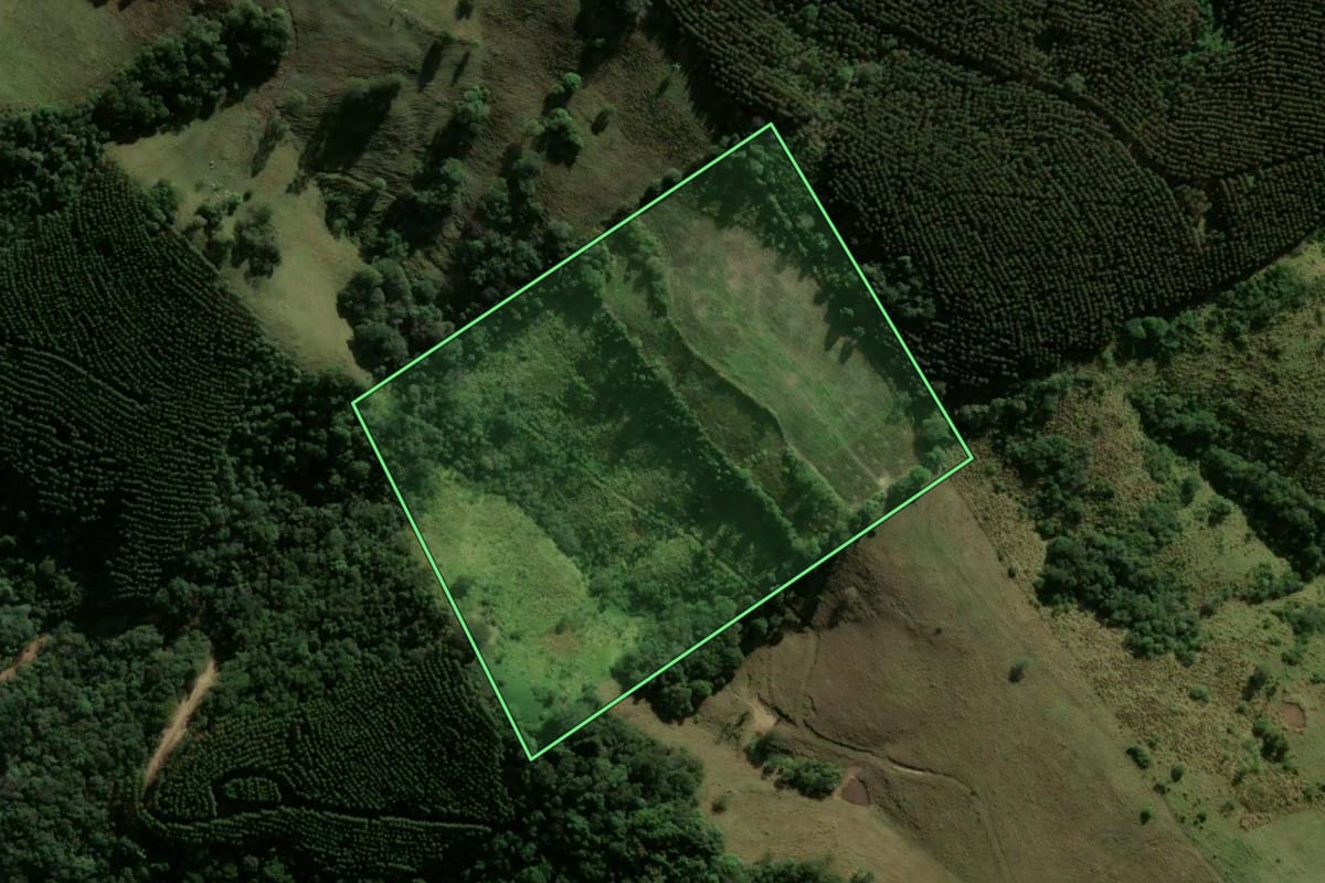 Imagem de satélite do imóvel rural em Ortigueira (PR), com o contorno declarado no CAR desenhado por cima.
