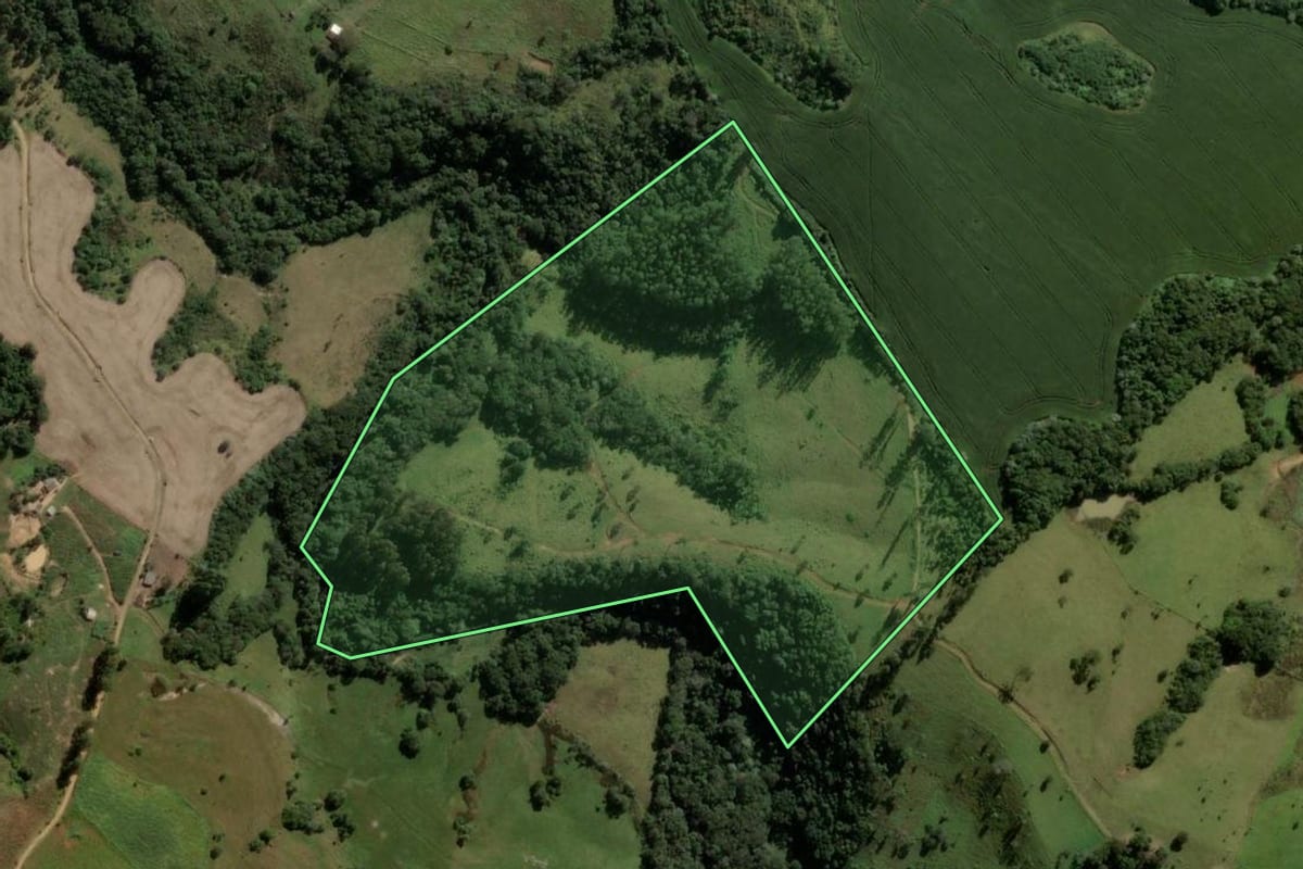Imagem de satélite do imóvel rural em Ortigueira (PR), com o contorno declarado no CAR desenhado por cima.