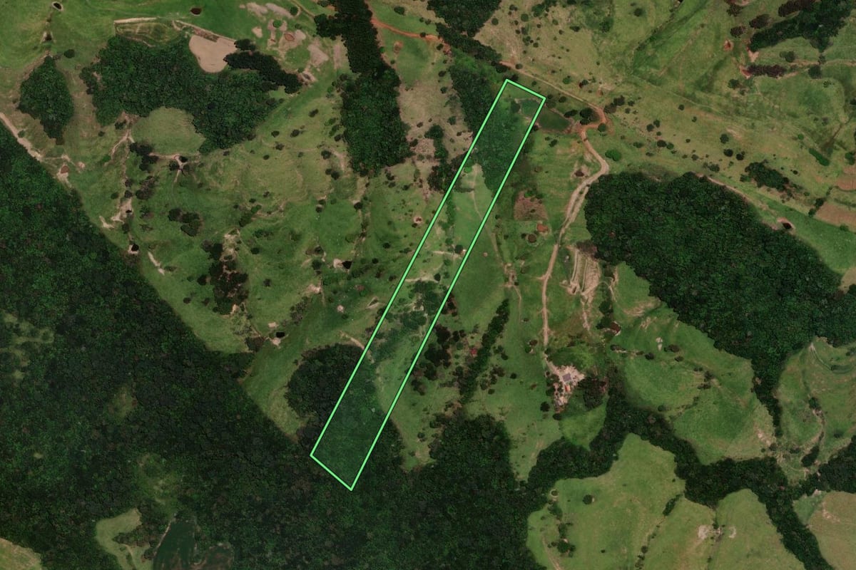 Imagem de satélite do imóvel rural em Ortigueira (PR), com o contorno declarado no CAR desenhado por cima.
