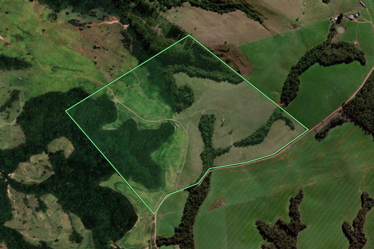 Imagem de satélite do imóvel rural em Ortigueira (PR), com o contorno declarado no CAR desenhado por cima.