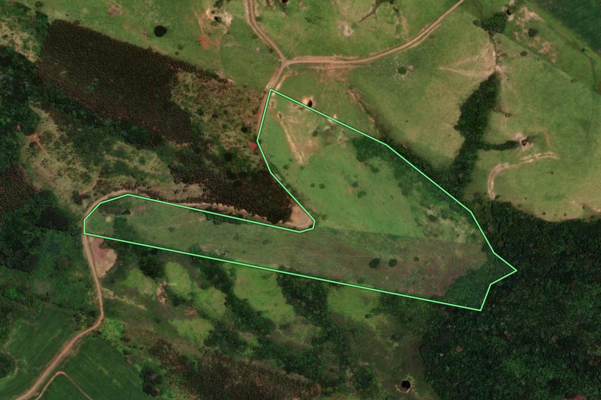 Imagem de satélite do imóvel rural em Ortigueira (PR), com o contorno declarado no CAR desenhado por cima.