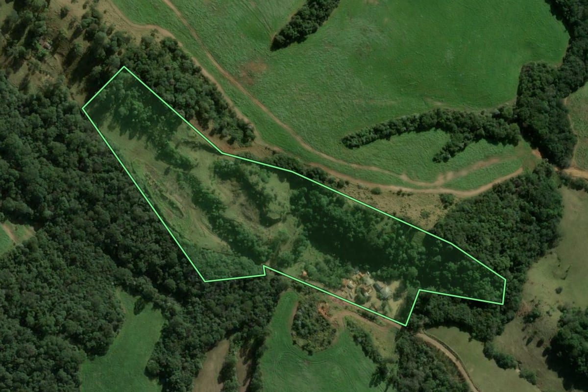 Imagem de satélite do imóvel rural em Ortigueira (PR), com o contorno declarado no CAR desenhado por cima.