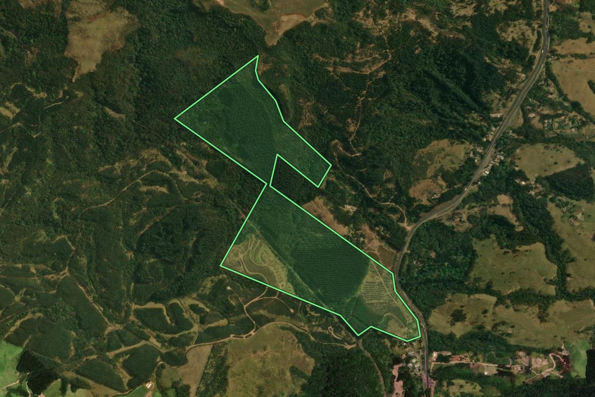 Imagem de satélite do imóvel rural em Ortigueira (PR), com o contorno declarado no CAR desenhado por cima.