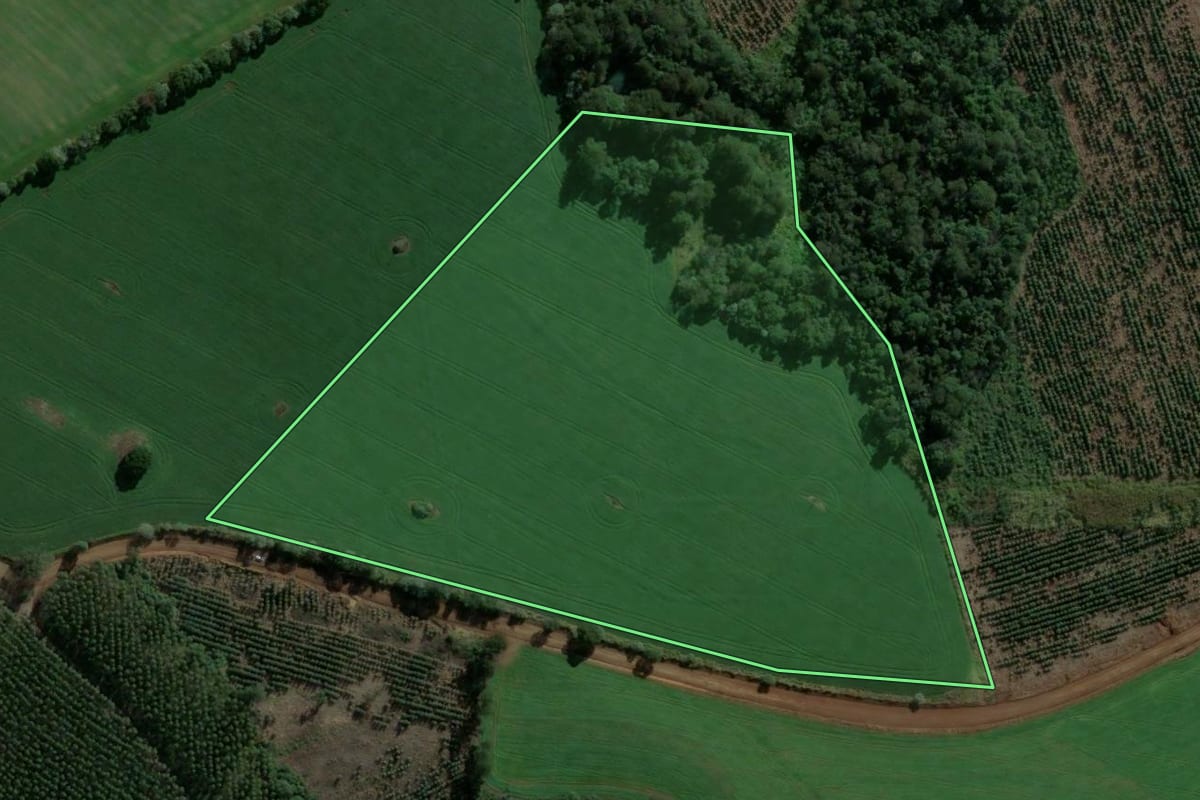 Imagem de satélite do imóvel rural em Ortigueira (PR), com o contorno declarado no CAR desenhado por cima.