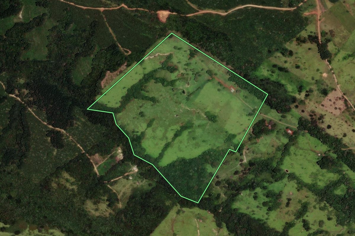 Imagem de satélite do imóvel rural em Ortigueira (PR), com o contorno declarado no CAR desenhado por cima.