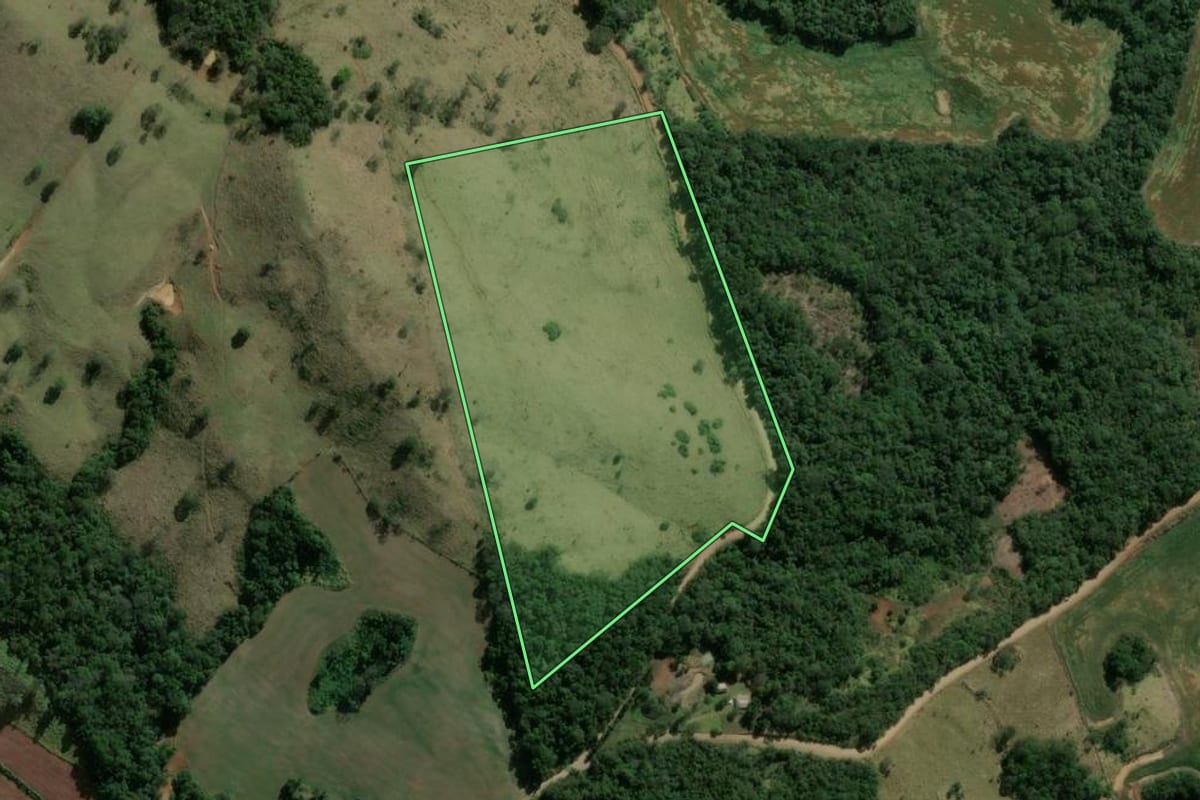 Imagem de satélite do imóvel rural em Ortigueira (PR), com o contorno declarado no CAR desenhado por cima.