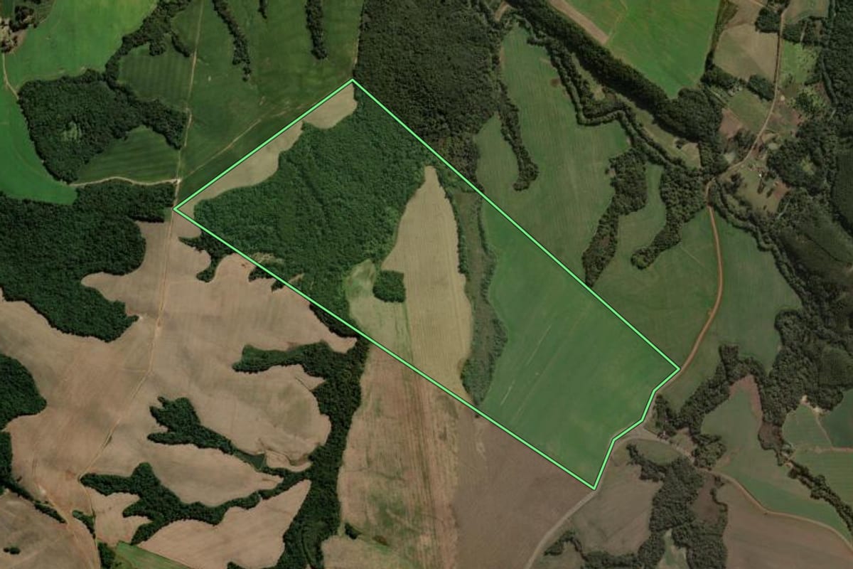 Imagem de satélite do imóvel rural em Ortigueira (PR), com o contorno declarado no CAR desenhado por cima.