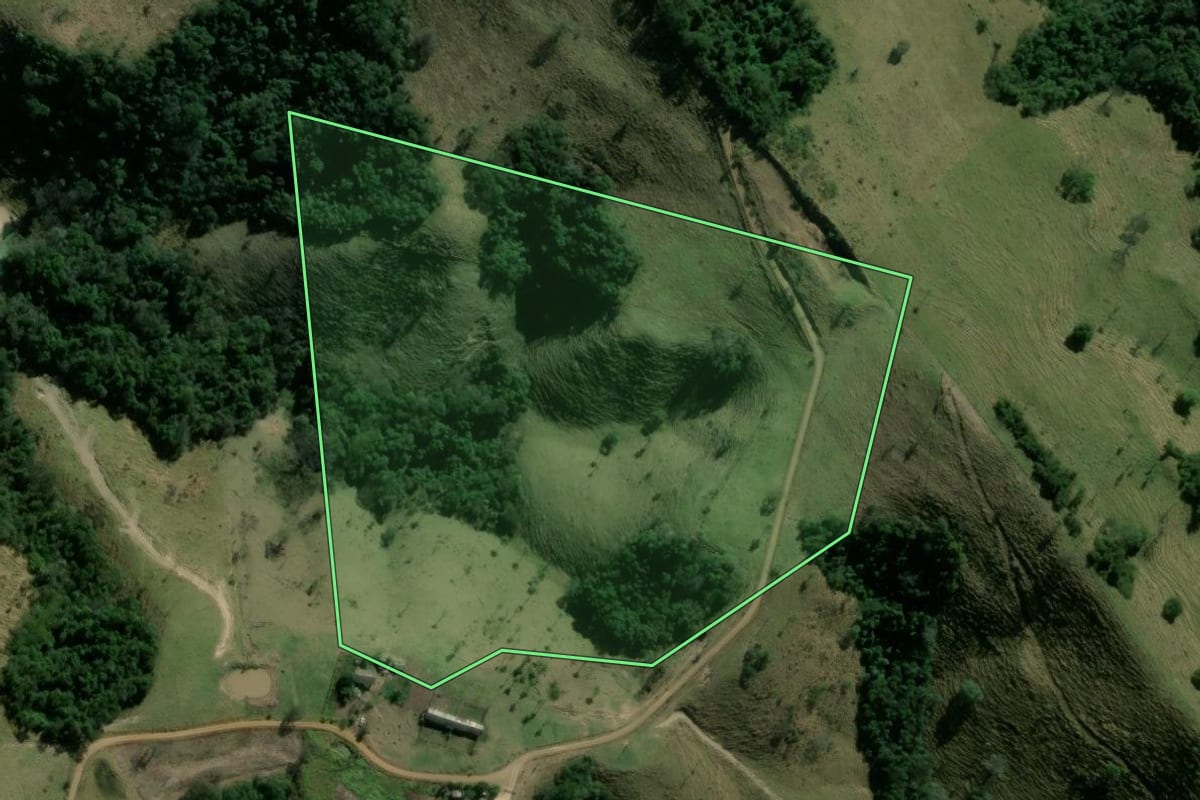 Imagem de satélite do imóvel rural em Ortigueira (PR), com o contorno declarado no CAR desenhado por cima.