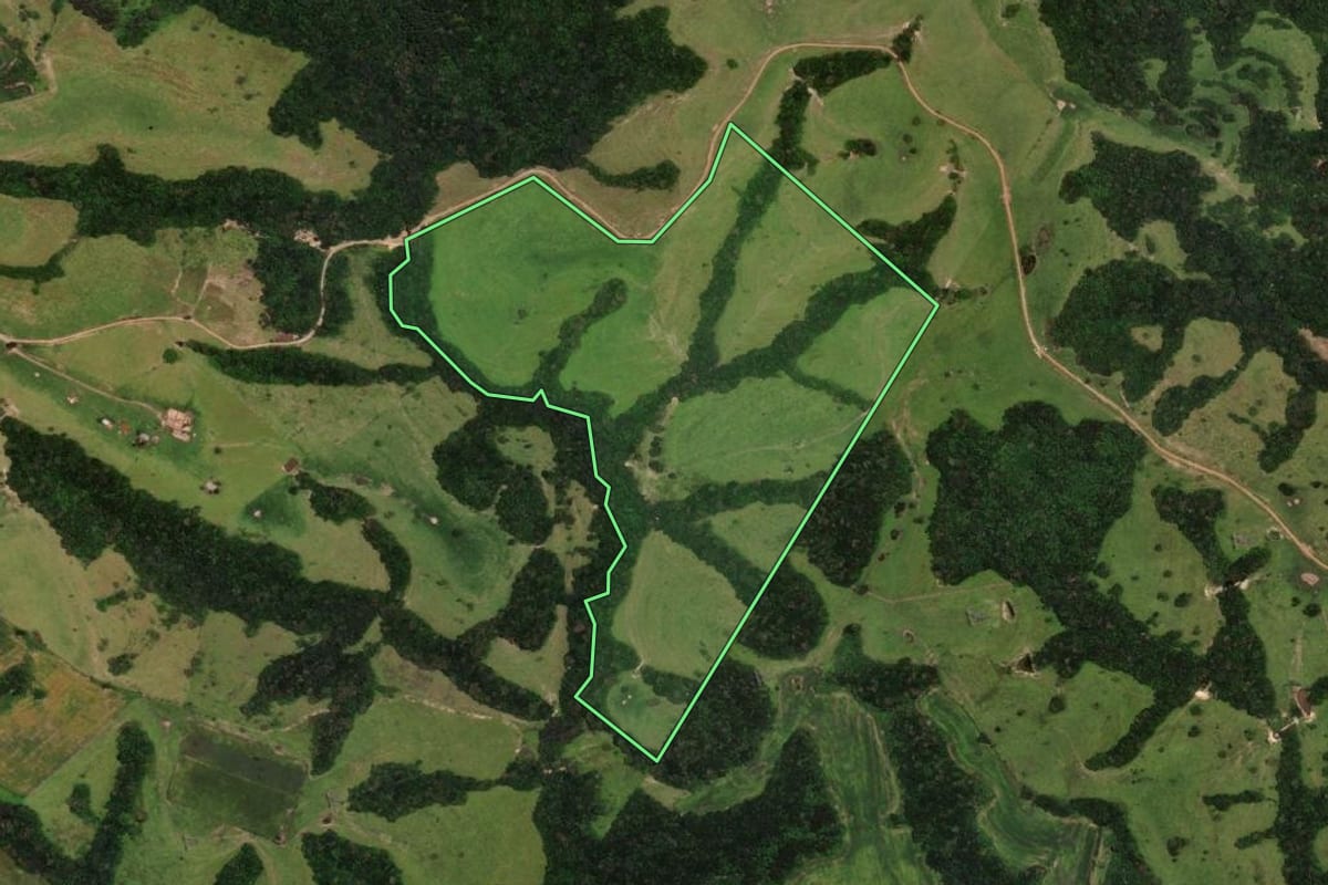 Imagem de satélite do imóvel rural em Ortigueira (PR), com o contorno declarado no CAR desenhado por cima.