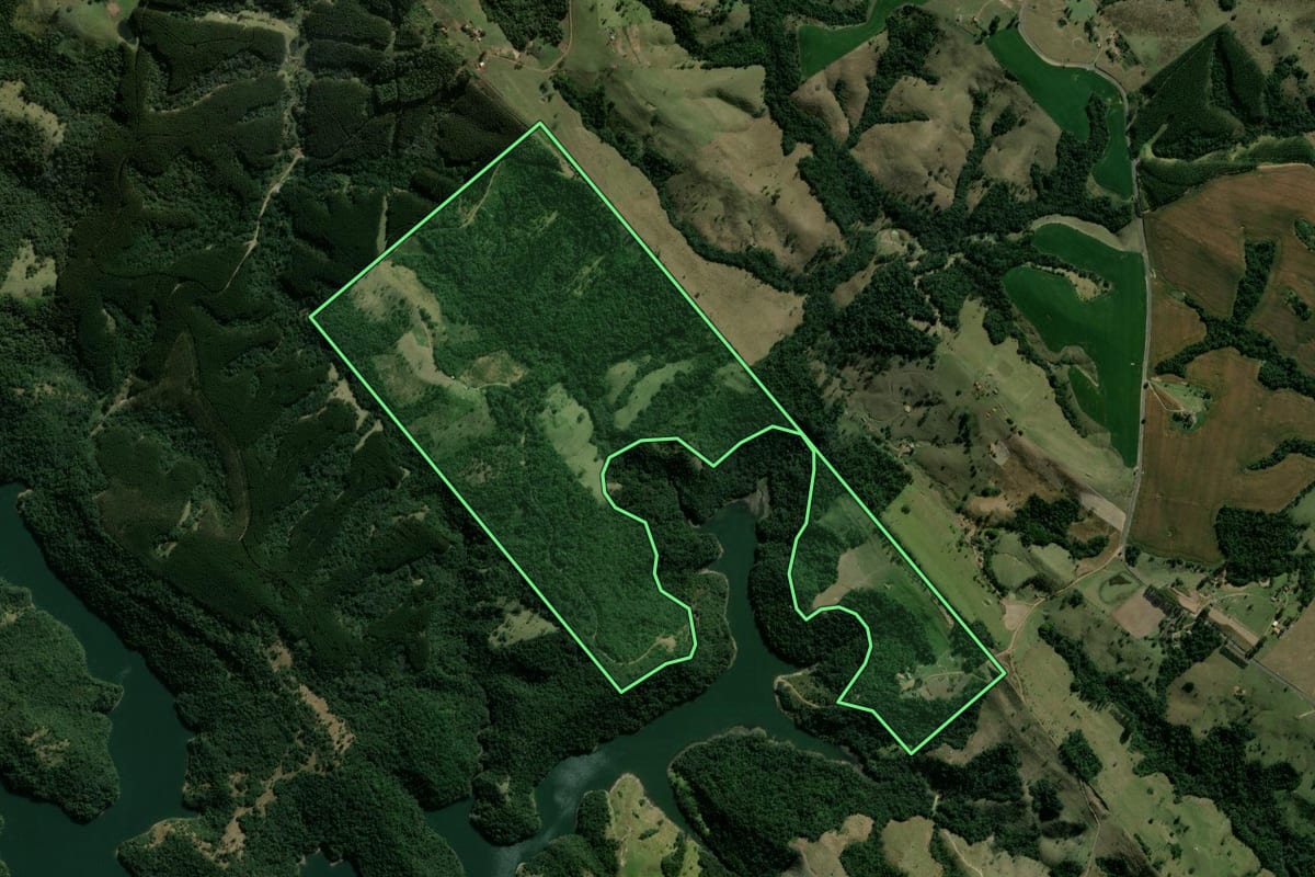 Imagem de satélite do imóvel rural em Ortigueira (PR), com o contorno declarado no CAR desenhado por cima.