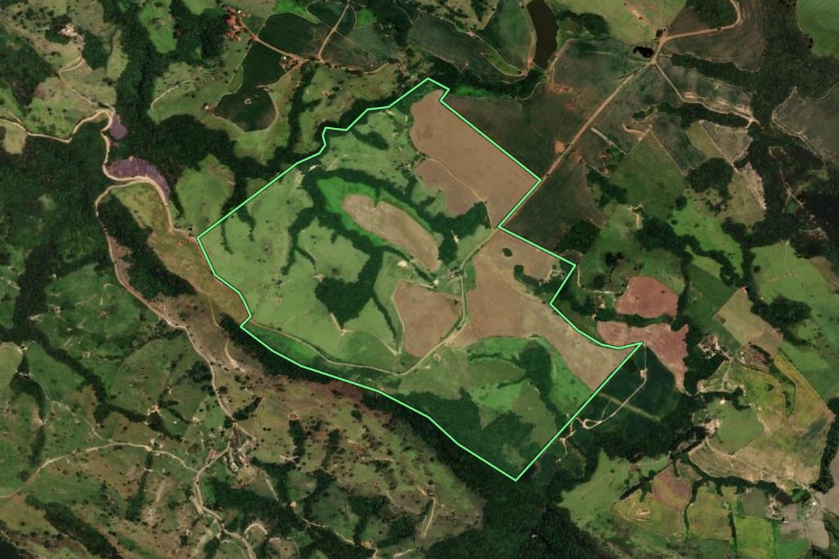 Imagem de satélite do imóvel rural em Ortigueira (PR), com o contorno declarado no CAR desenhado por cima.