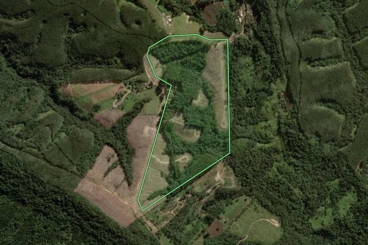 Imagem de satélite do imóvel rural em Ortigueira (PR), com o contorno declarado no CAR desenhado por cima.