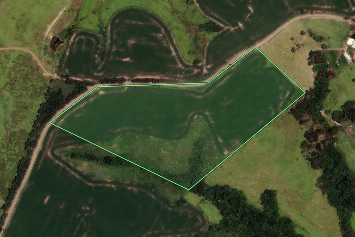 Imagem de satélite do imóvel rural em Ortigueira (PR), com o contorno declarado no CAR desenhado por cima.