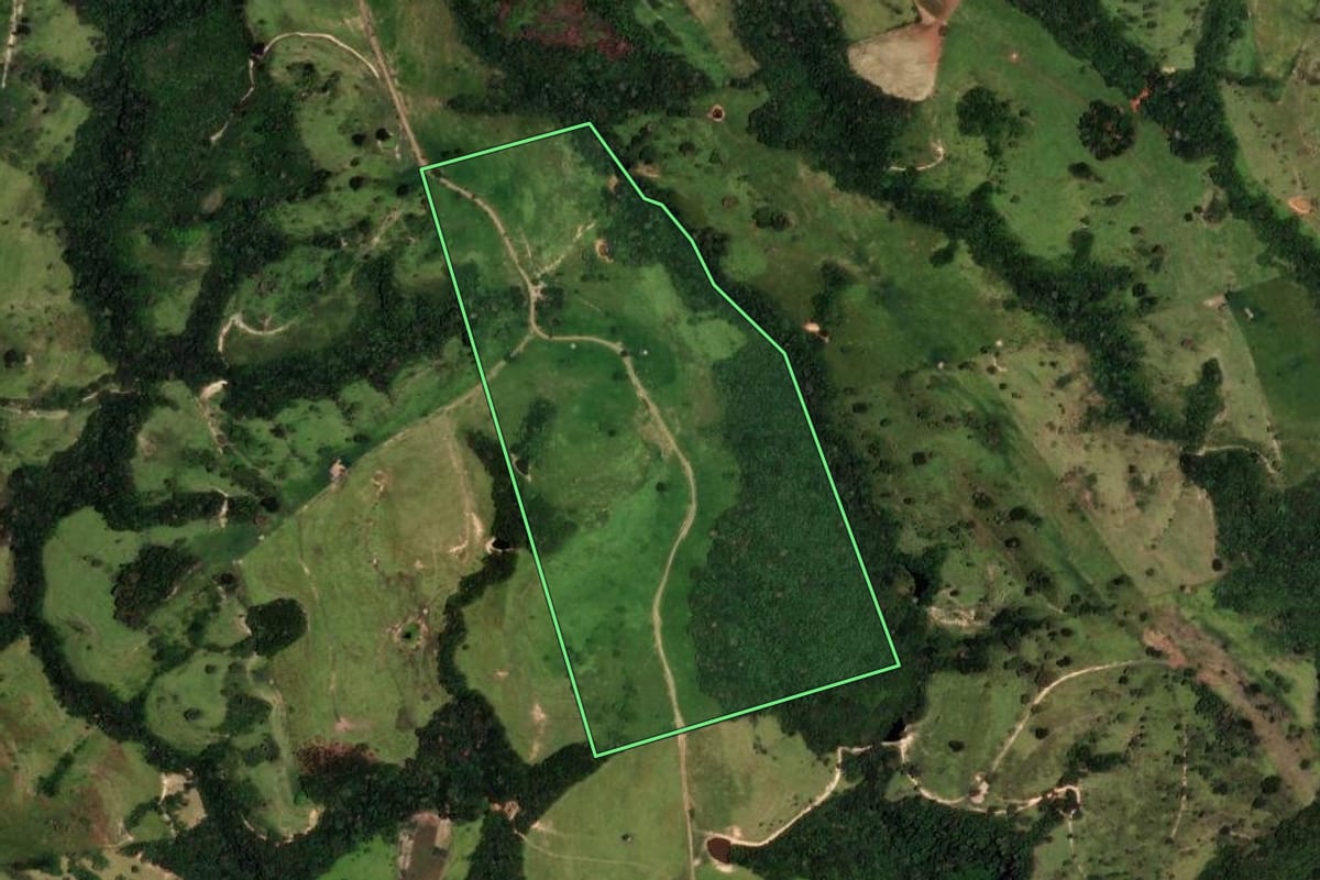 Imagem de satélite do imóvel rural em Ortigueira (PR), com o contorno declarado no CAR desenhado por cima.